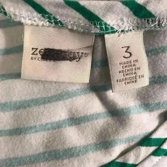 Chicos Zenergy Size 3 (XL) Green and White Stripe Blouse Sand Sun & Fun Logo - Picture 3 of 5